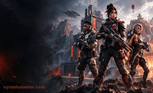 Apex Legends Bilim kurgu zırhları giyen savaşçılar ve fütüristik silahlar.