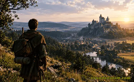 Kingdom Come: Deliverance 2 kaç GB ve PC gereksinimleri konulu görselde Orta Çağ gezgini, taş kale ve tarihî kasaba manzarası.