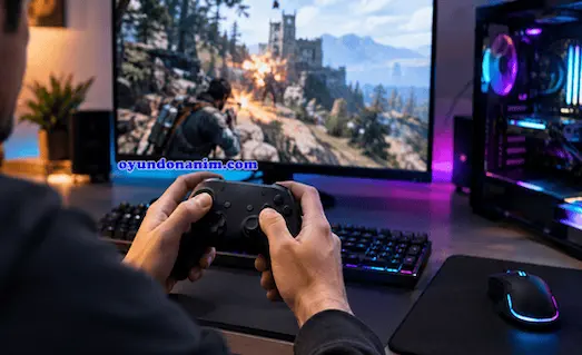 PC Gamepad Gecikme Sorunu çözümü için bilgisayarda oyun kumandası kullanan oyuncu