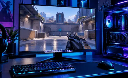 Valorant En İyi Crosshair Kodları ayarları için nişangâhın merkezde olduğu RGB ışıklı oyuncu bilgisayarı ve monitör